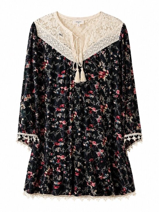 UMGEE Tops - Umgee Women Boho Floral Tunic Top V-Neck Lace Tassel Long Sleeve Size Medium
